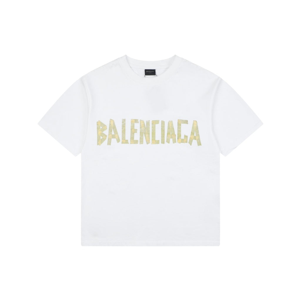 Balenciaga Yellow Tape Blur Logo Print Short Sleeve Tee – White