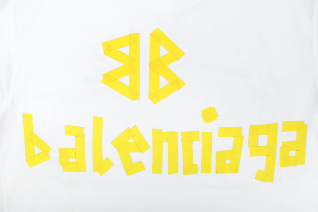 Balenciaga Yellow Tape Blur Logo Print Short Sleeve Tee – White