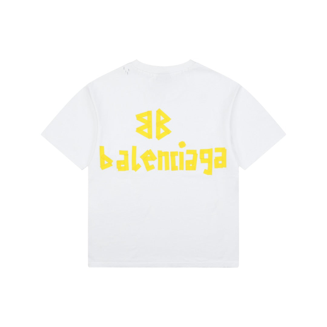Balenciaga Yellow Tape Blur Logo Print Short Sleeve Tee – White
