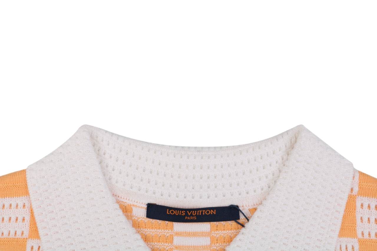 Louis Vuitton Leather Patch Checkerboard Jacquard Short Sleeve Polo — Orange