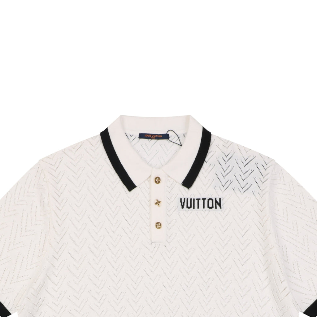 Louis Vuitton V-Motif Openwork Jacquard Short Sleeve Polo — Cream