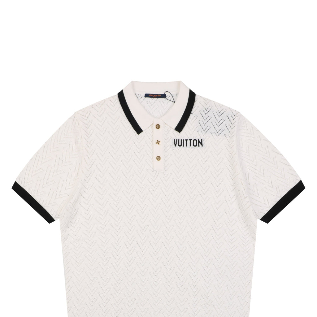 Louis Vuitton V-Motif Openwork Jacquard Short Sleeve Polo — Cream