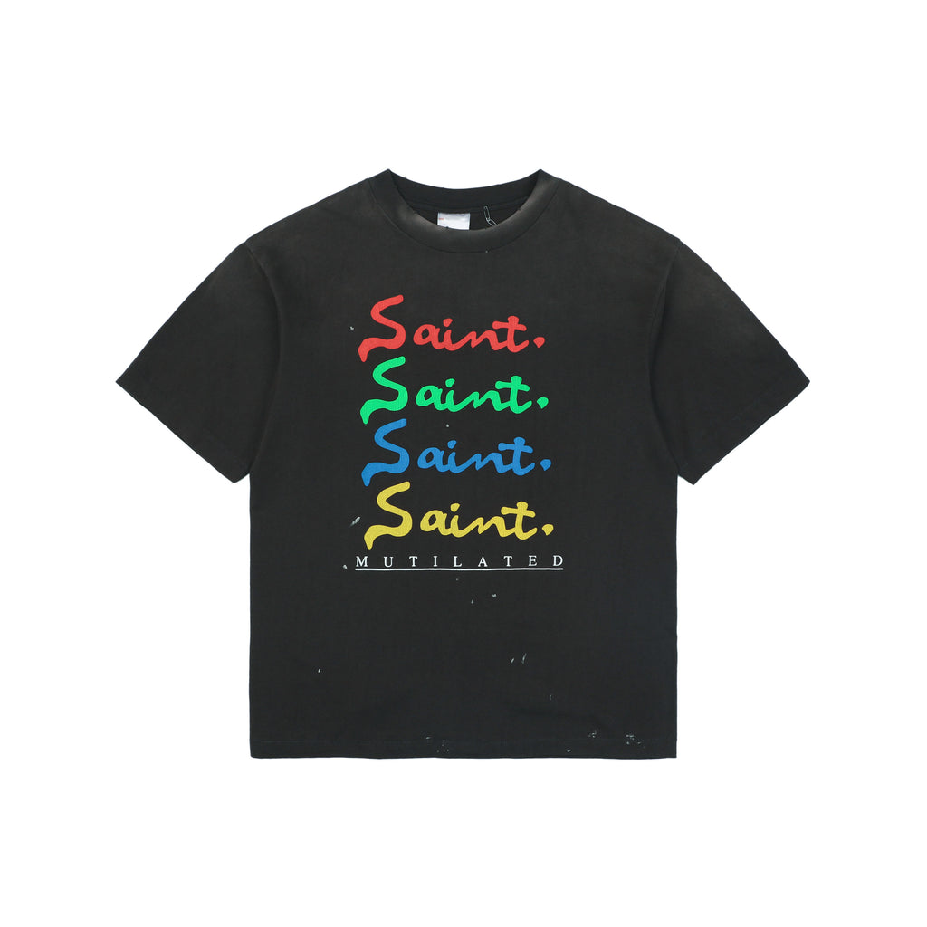 Saint Michael Multicolor Signature Saint. Mutilated Script Print Short Sleeve Tee – Black