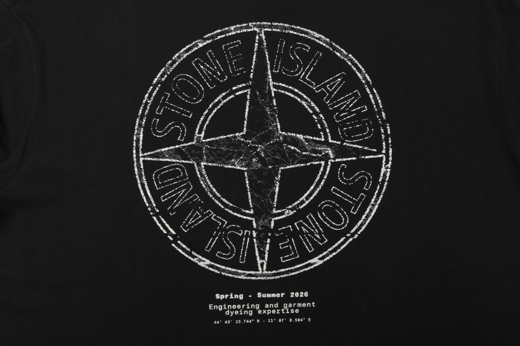 Stone Island Distressed Compass Rose Badge Print Short Sleeve Tee – Black