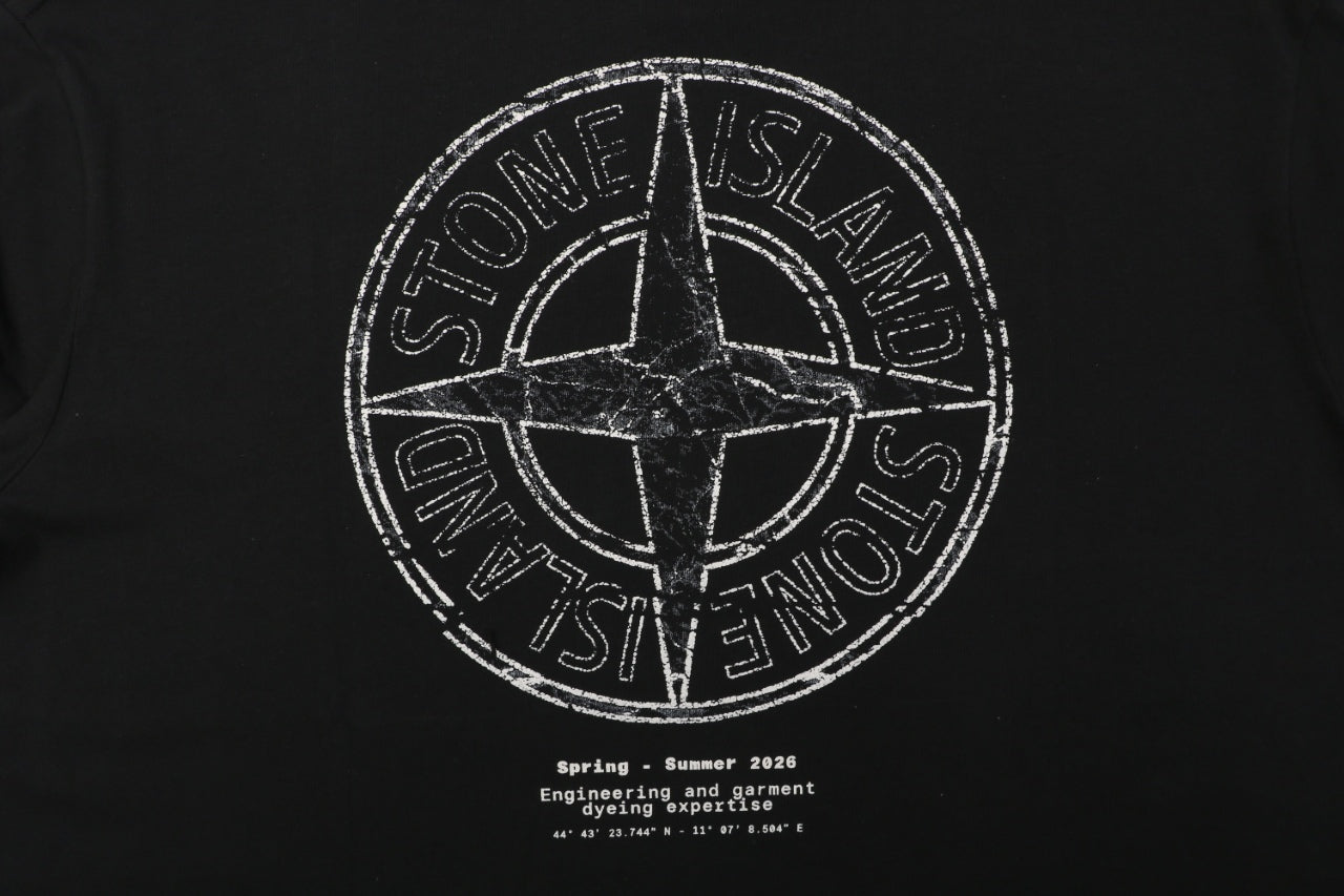 Stone Island Distressed Compass Rose Badge Print Short Sleeve Tee – Black