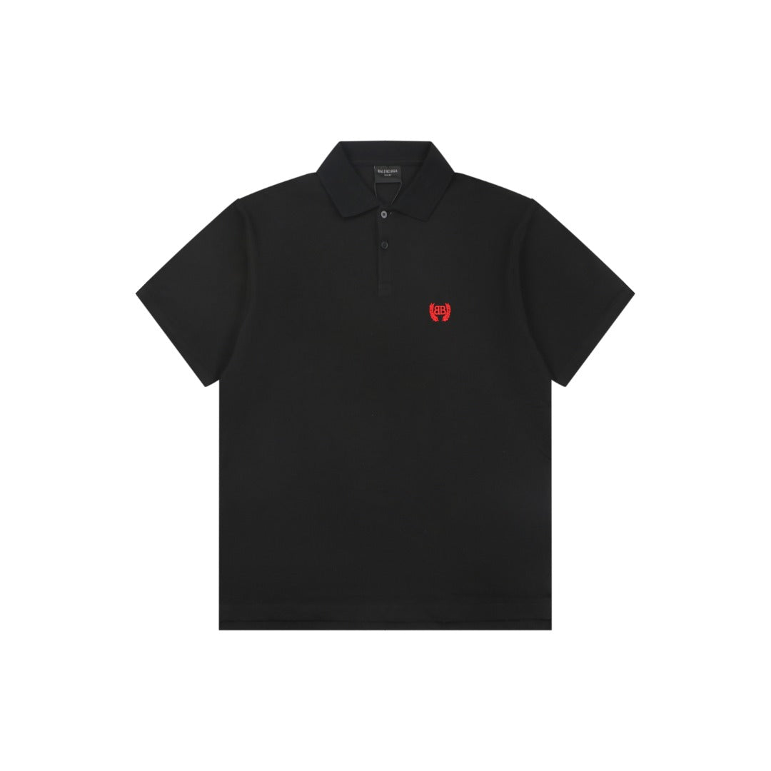 Balenciaga Red Wheat Ear Double-B Embroidered Polo Shirt – Black
