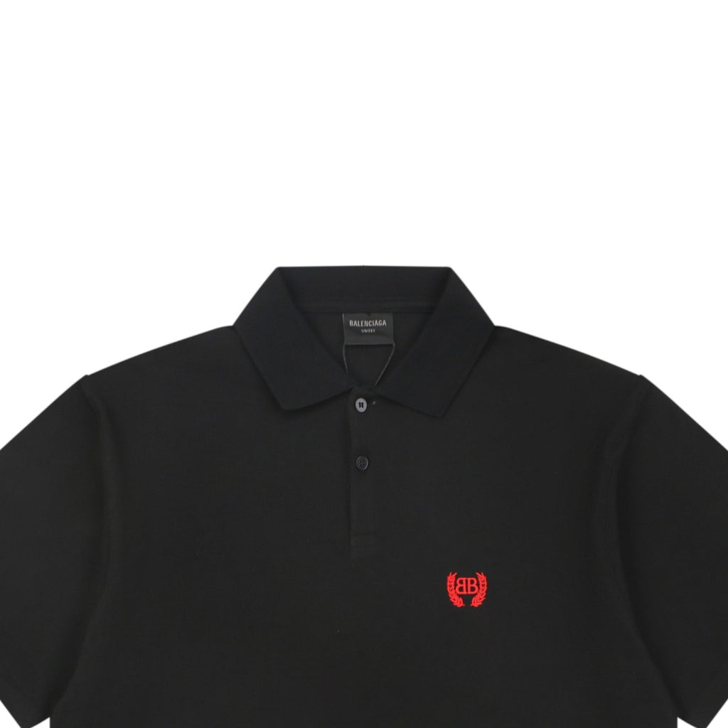 Balenciaga Red Wheat Ear Double-B Embroidered Polo Shirt – Black