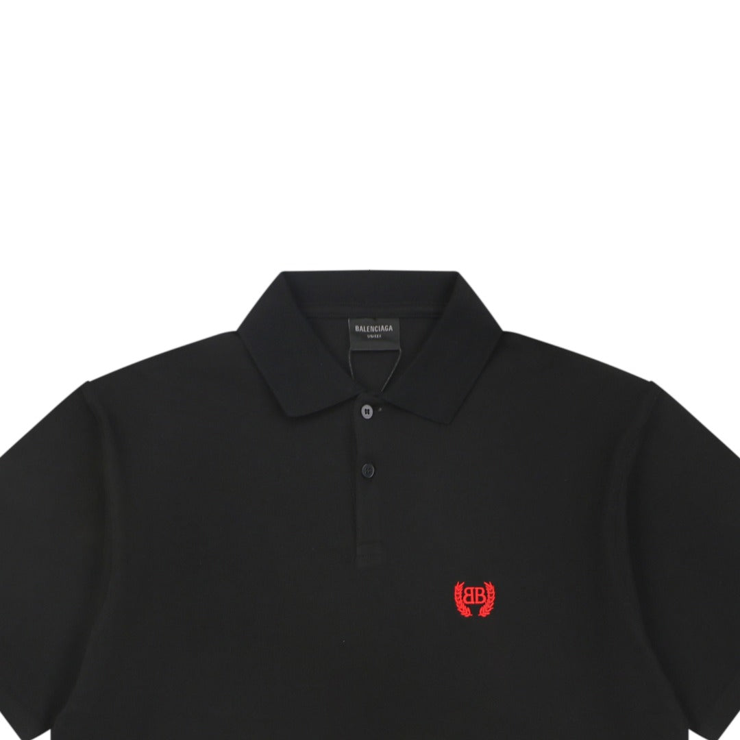 Balenciaga Red Wheat Ear Double-B Embroidered Polo Shirt – Black