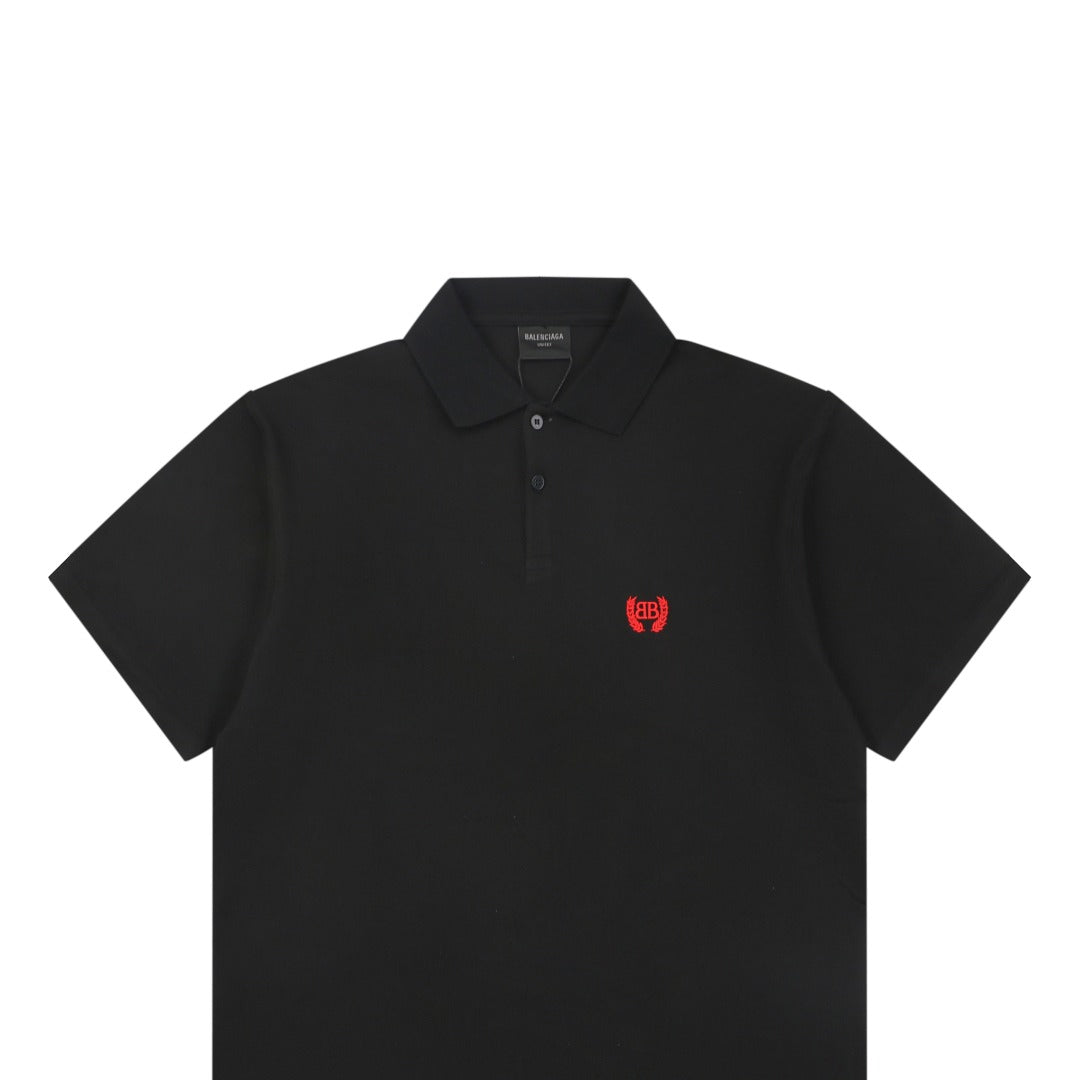 Balenciaga Red Wheat Ear Double-B Embroidered Polo Shirt – Black