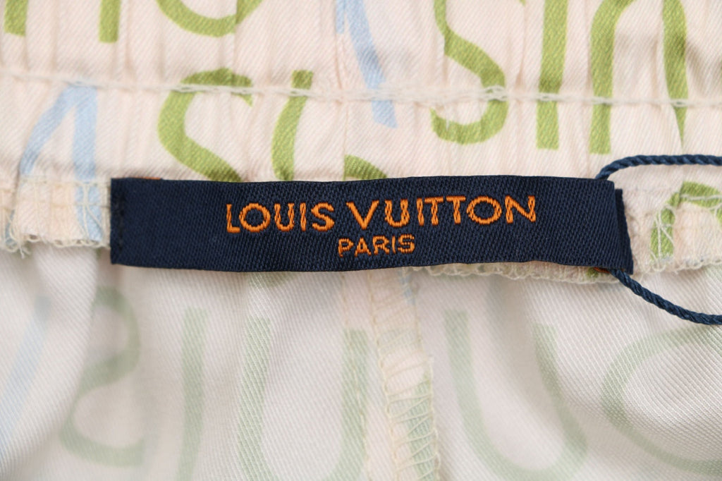 Louis Vuitton All-Over Monogram Letter Print Shorts — Cream / Green / Blue