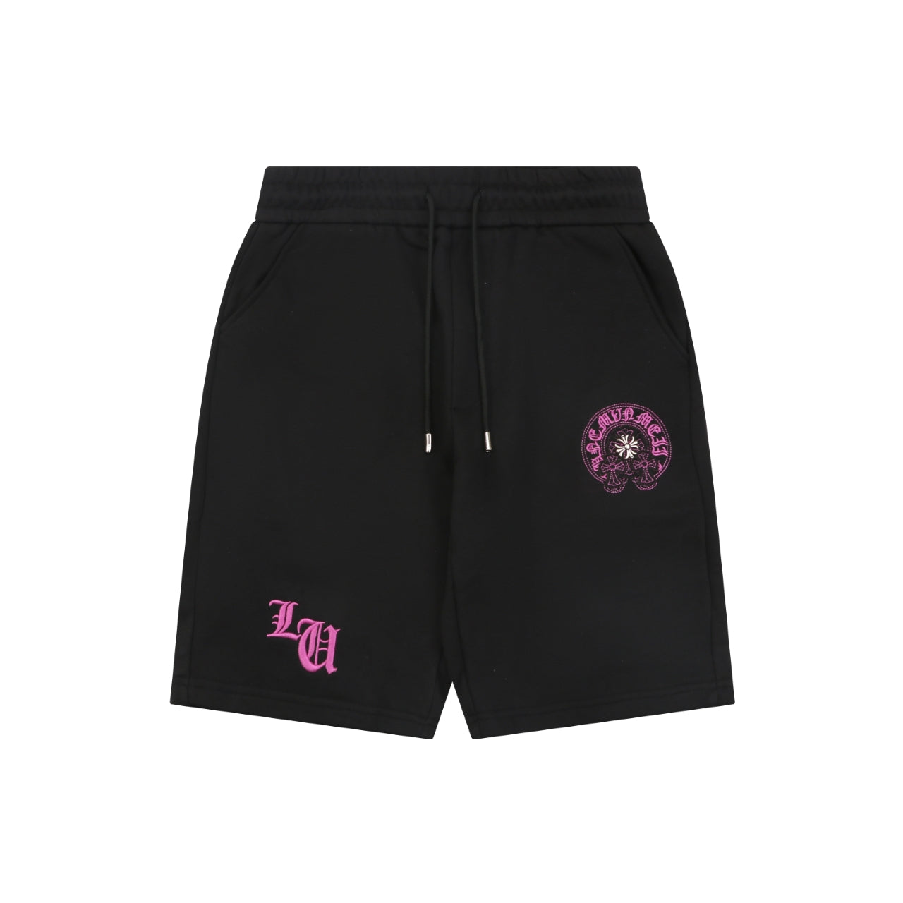 Chrome Hearts Pink Sanskrit Cross Embroidered Shorts — Black