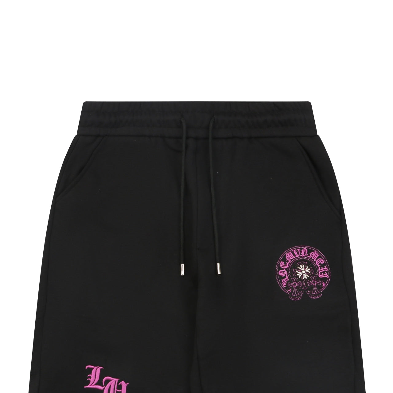 Chrome Hearts Pink Sanskrit Cross Embroidered Shorts — Black