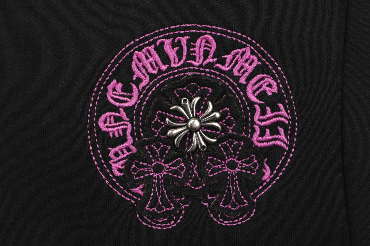Chrome Hearts Pink Sanskrit Cross Embroidered Shorts — Black