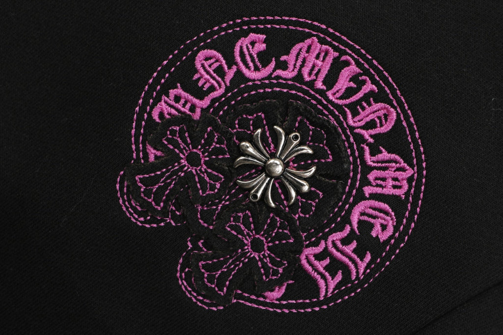 Chrome Hearts Pink Sanskrit Cross Embroidered Shorts — Black