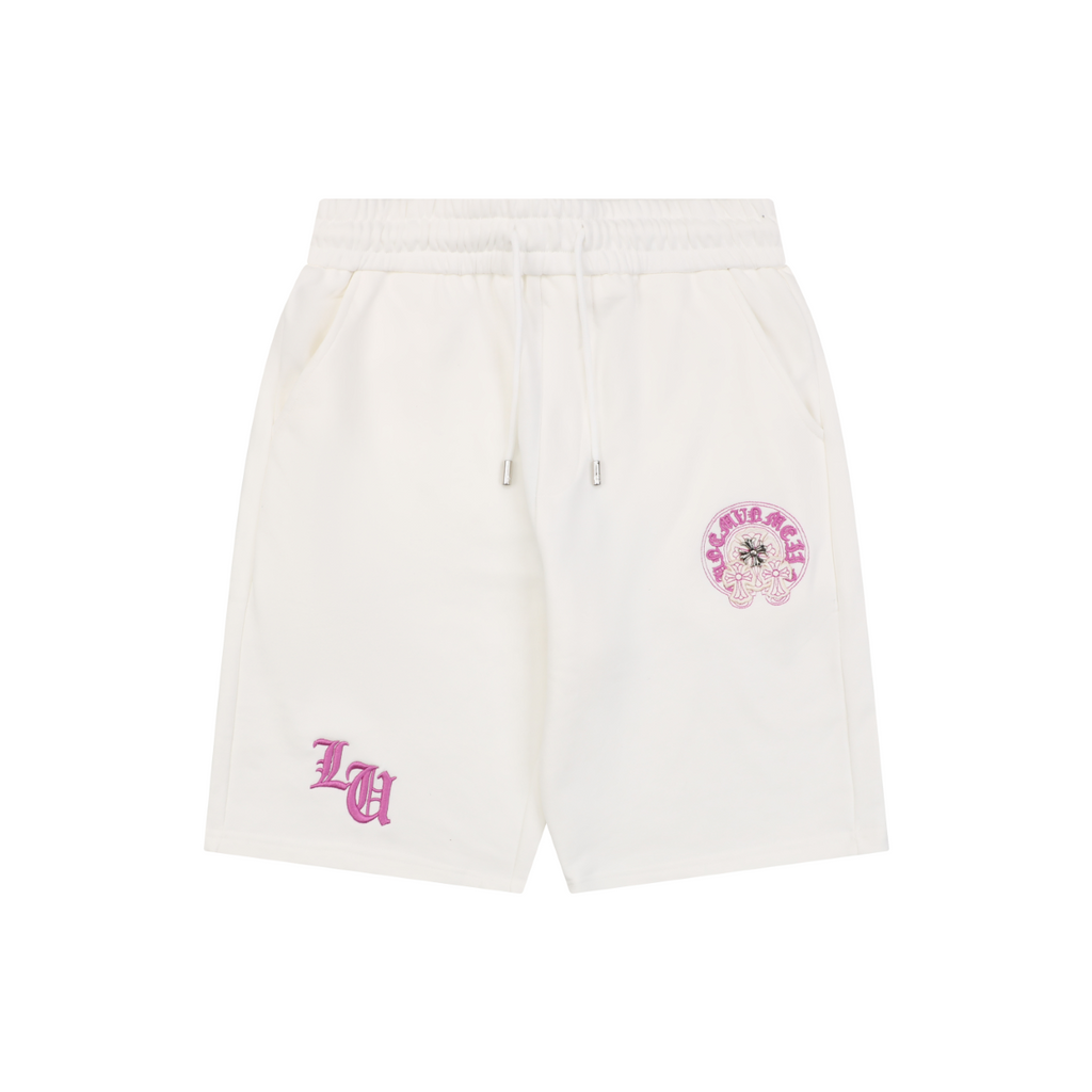 Chrome Hearts Pink Purple Sanskrit Cross Embroidered Shorts — Cream