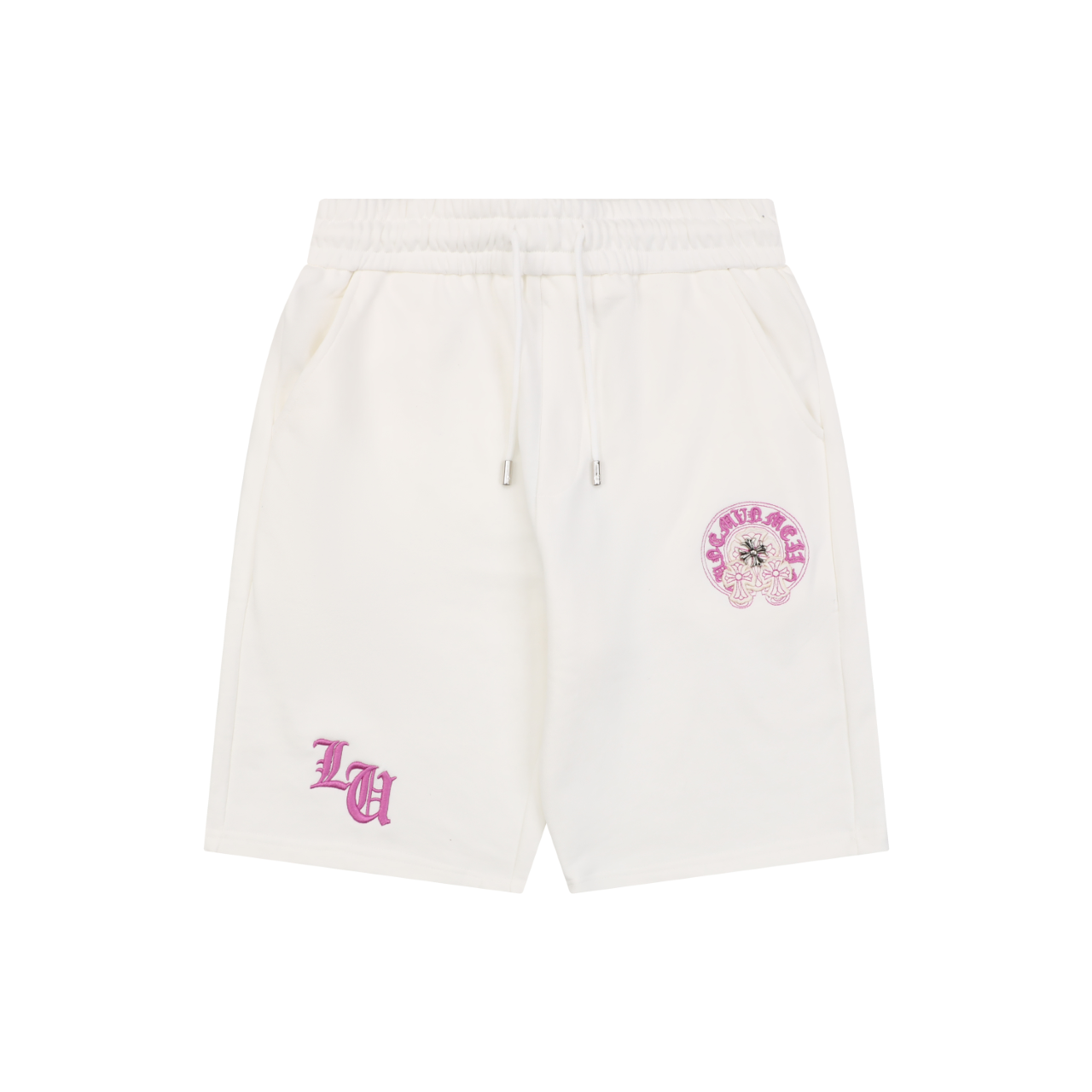 Chrome Hearts Pink Purple Sanskrit Cross Embroidered Shorts — Cream