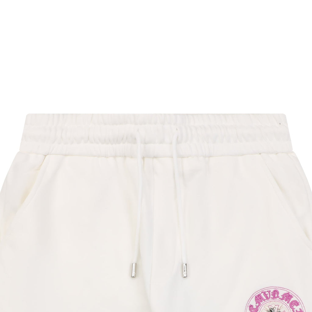 Chrome Hearts Pink Purple Sanskrit Cross Embroidered Shorts — Cream