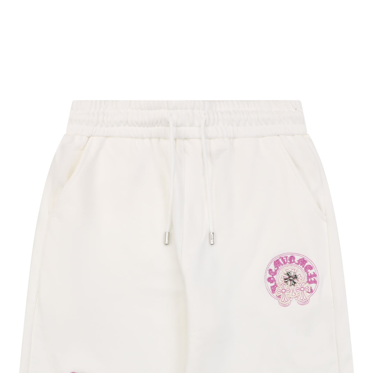 Chrome Hearts Pink Purple Sanskrit Cross Embroidered Shorts — Cream