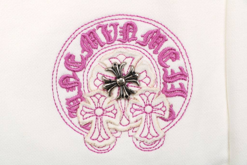 Chrome Hearts Pink Purple Sanskrit Cross Embroidered Shorts — Cream