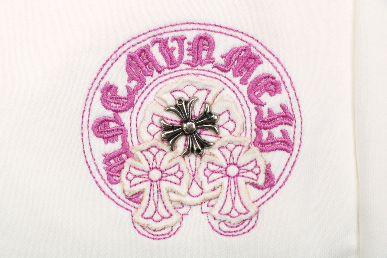 Chrome Hearts Pink Purple Sanskrit Cross Embroidered Shorts — Cream