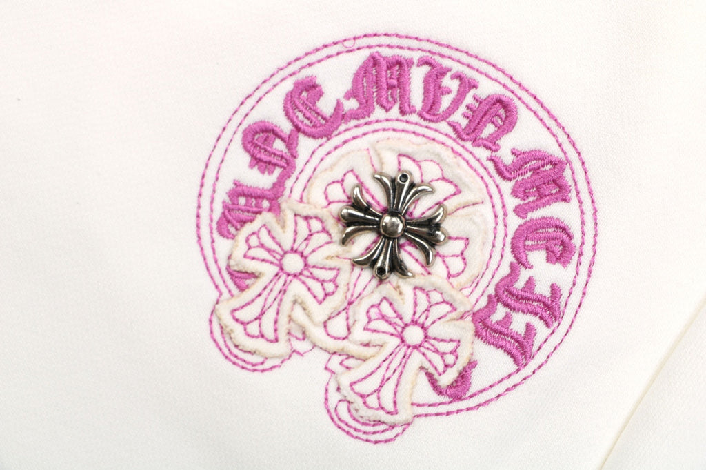 Chrome Hearts Pink Purple Sanskrit Cross Embroidered Shorts — Cream