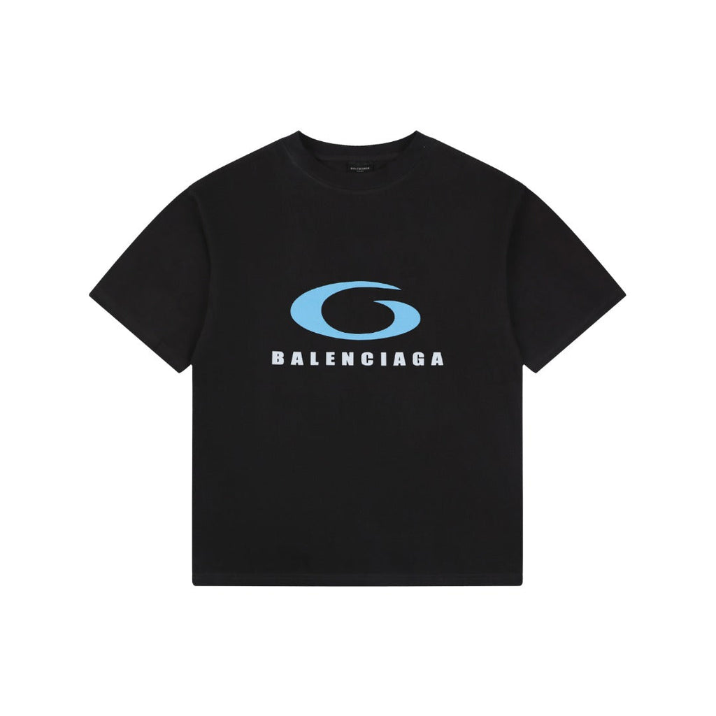 Balenciaga Blue Oval Ring Logo Print Short Sleeve Tee — Black
