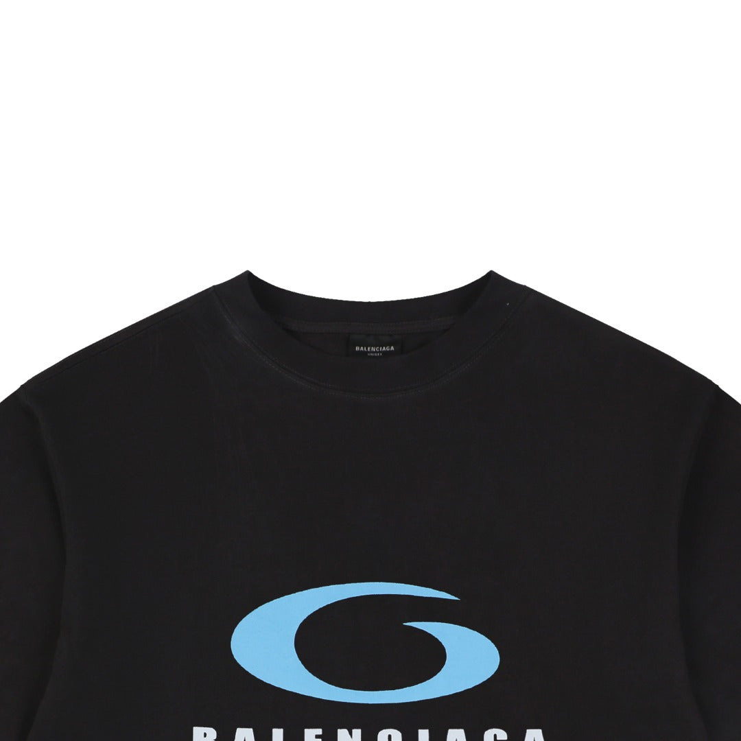 Balenciaga Blue Oval Ring Logo Print Short Sleeve Tee — Black