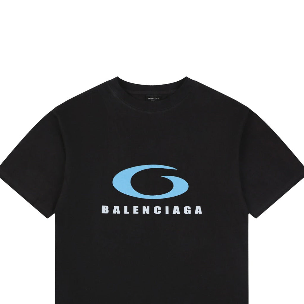 Balenciaga Blue Oval Ring Logo Print Short Sleeve Tee — Black