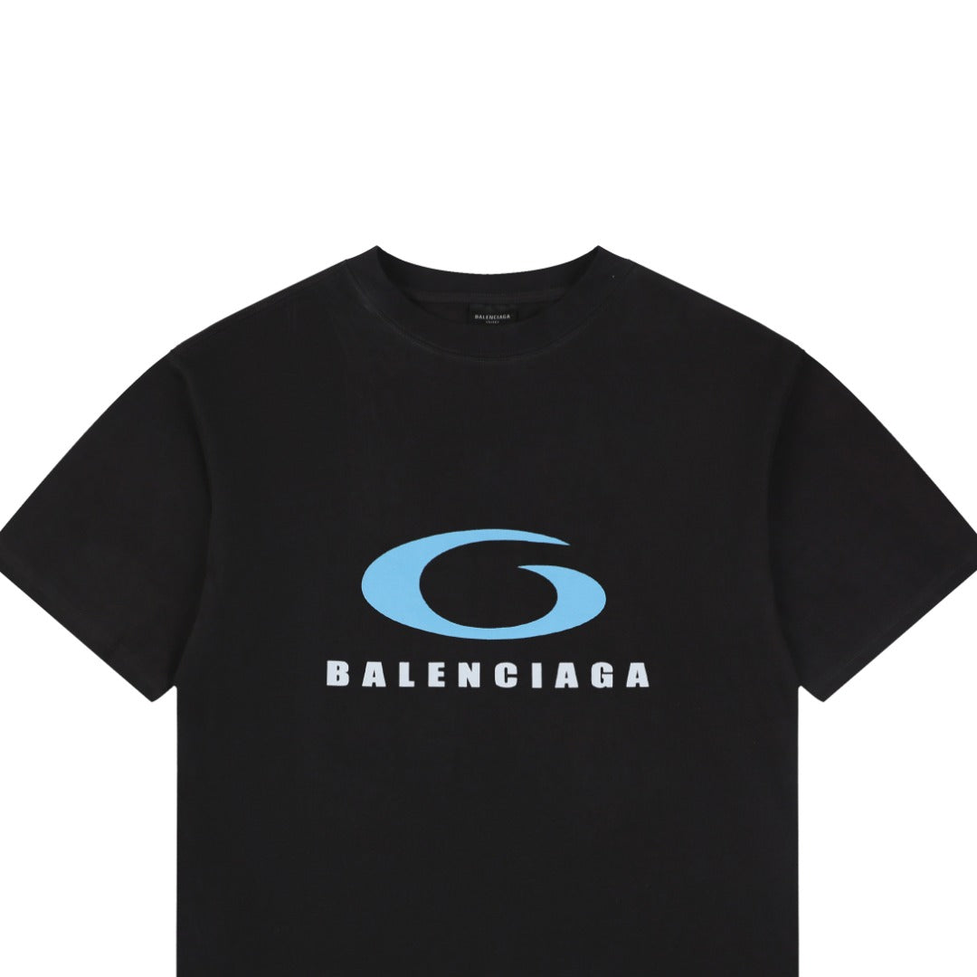 Balenciaga Blue Oval Ring Logo Print Short Sleeve Tee — Black
