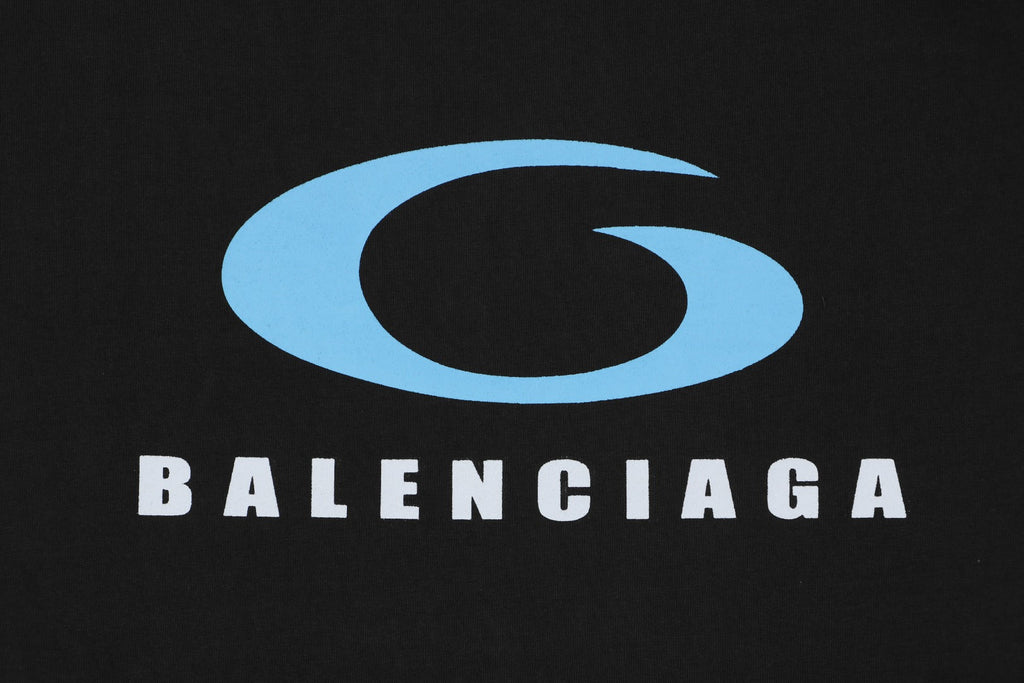 Balenciaga Blue Oval Ring Logo Print Short Sleeve Tee — Black