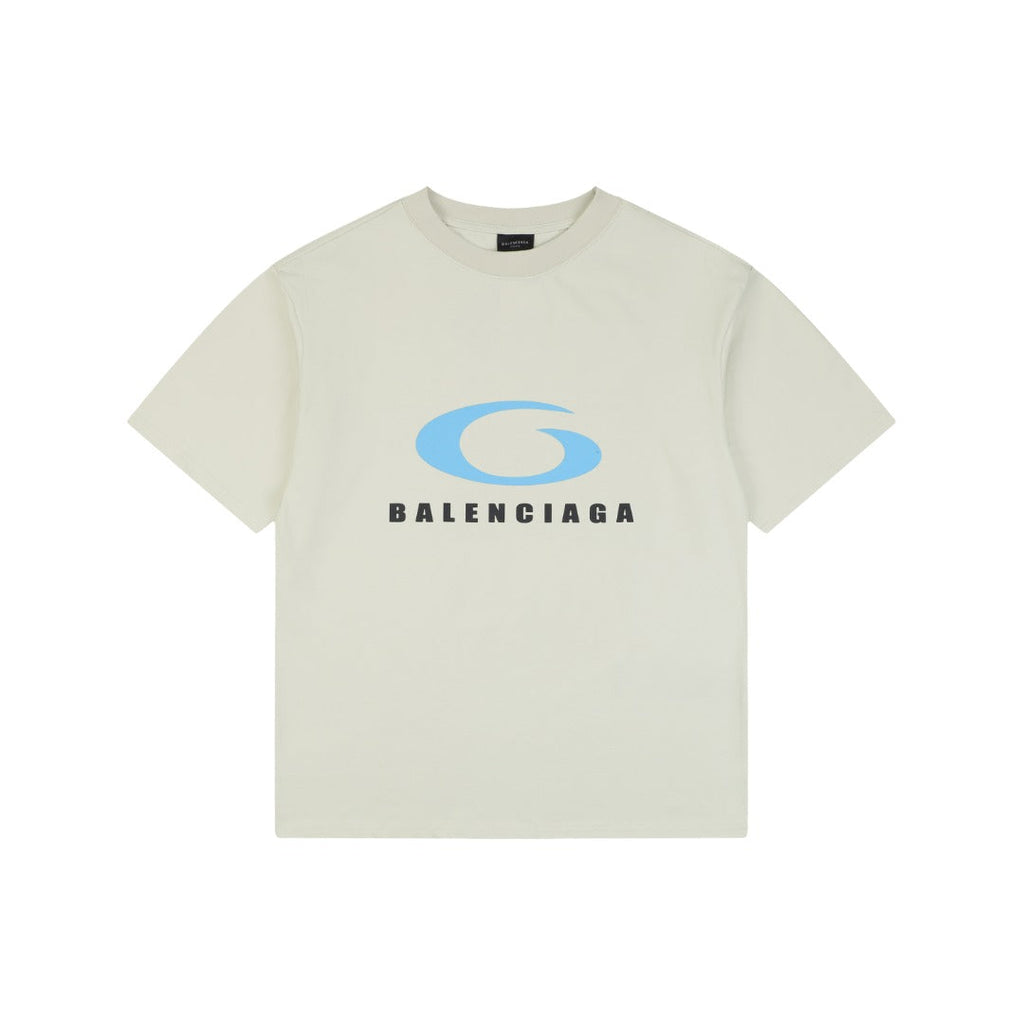Balenciaga Blue Oval Ring Logo Print Short Sleeve Tee — Cream
