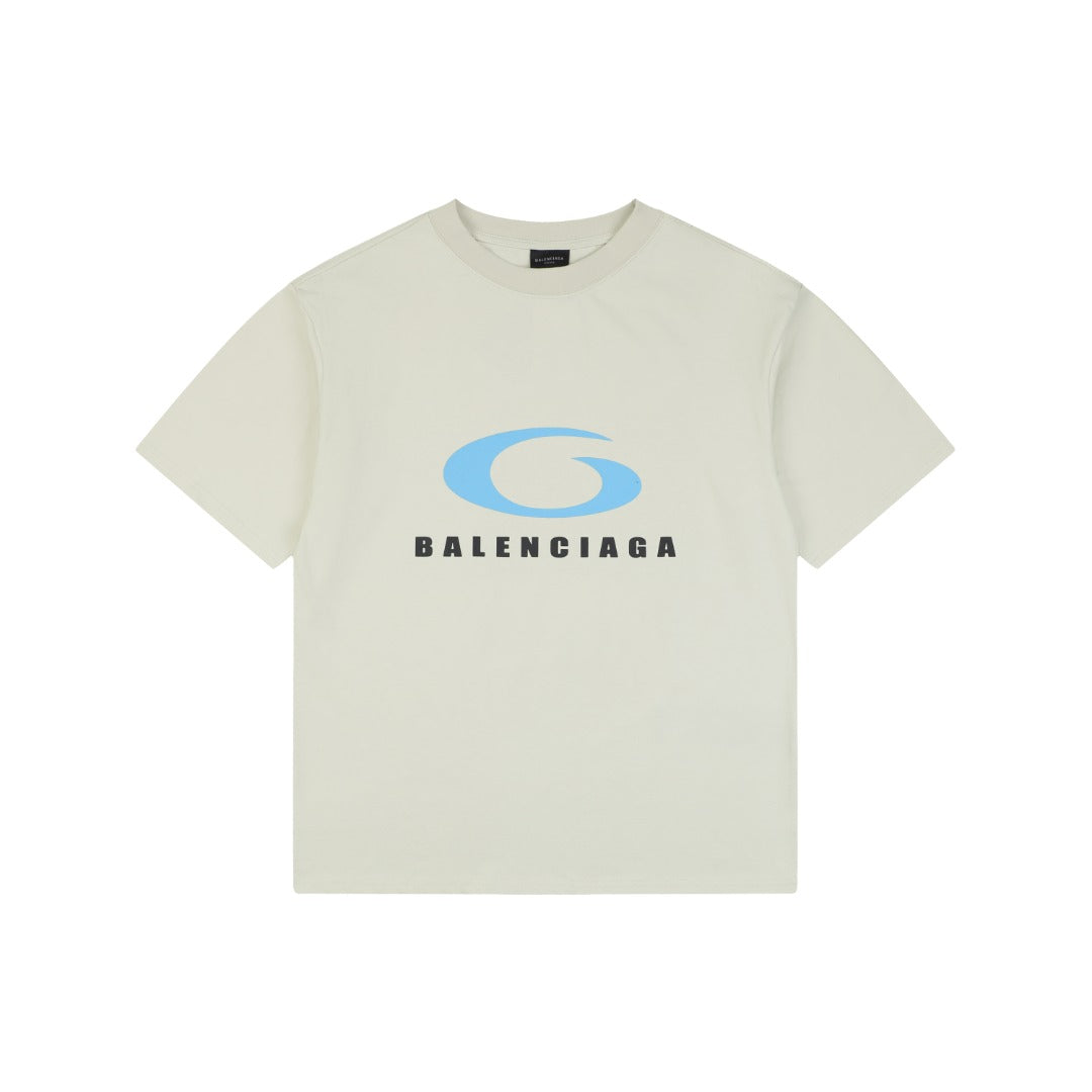 Balenciaga Blue Oval Ring Logo Print Short Sleeve Tee — Cream