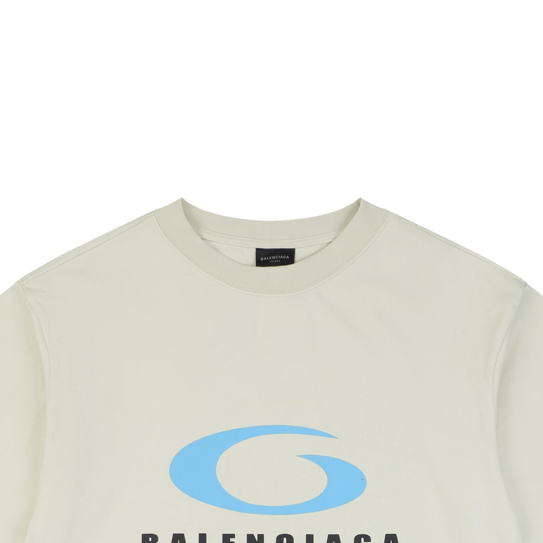 Balenciaga Blue Oval Ring Logo Print Short Sleeve Tee — Cream