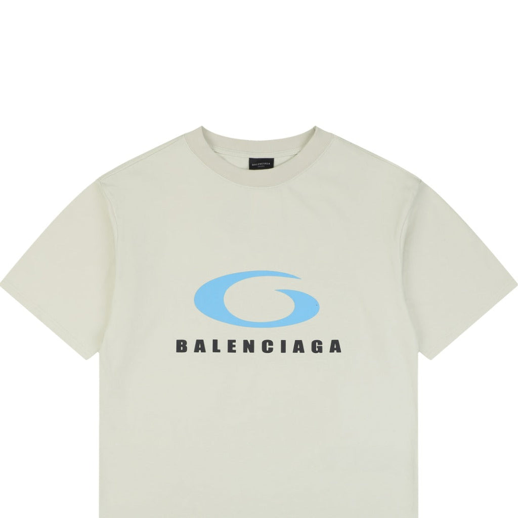 Balenciaga Blue Oval Ring Logo Print Short Sleeve Tee — Cream