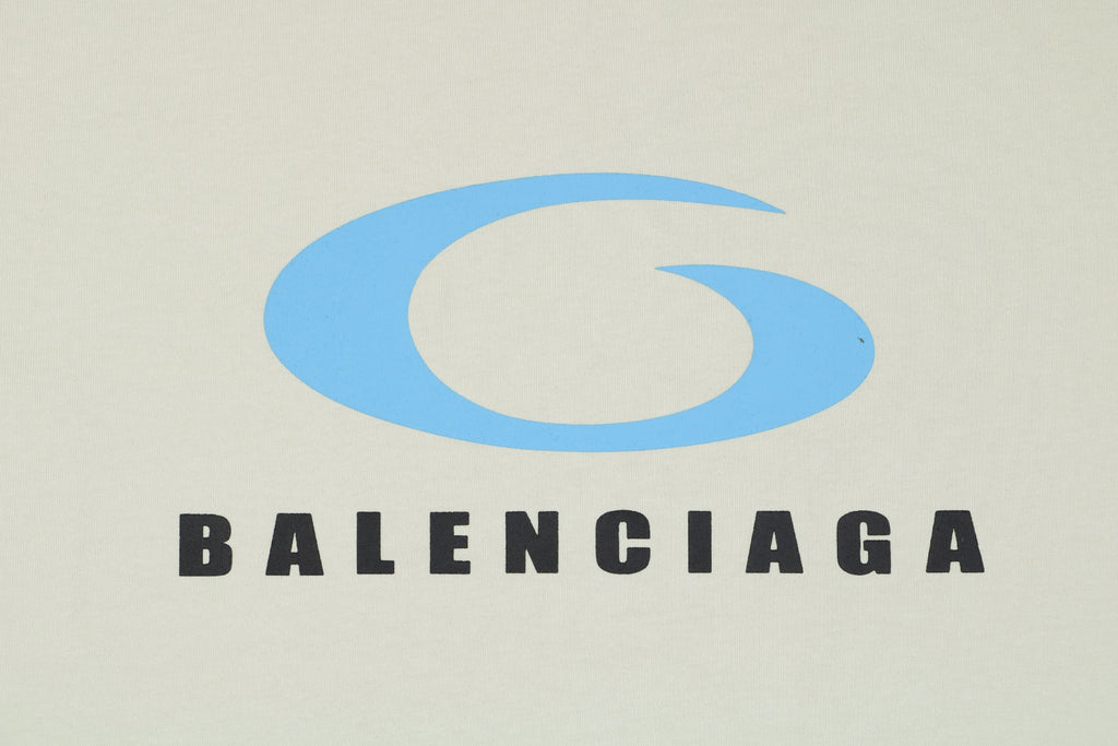 Balenciaga Blue Oval Ring Logo Print Short Sleeve Tee — Cream