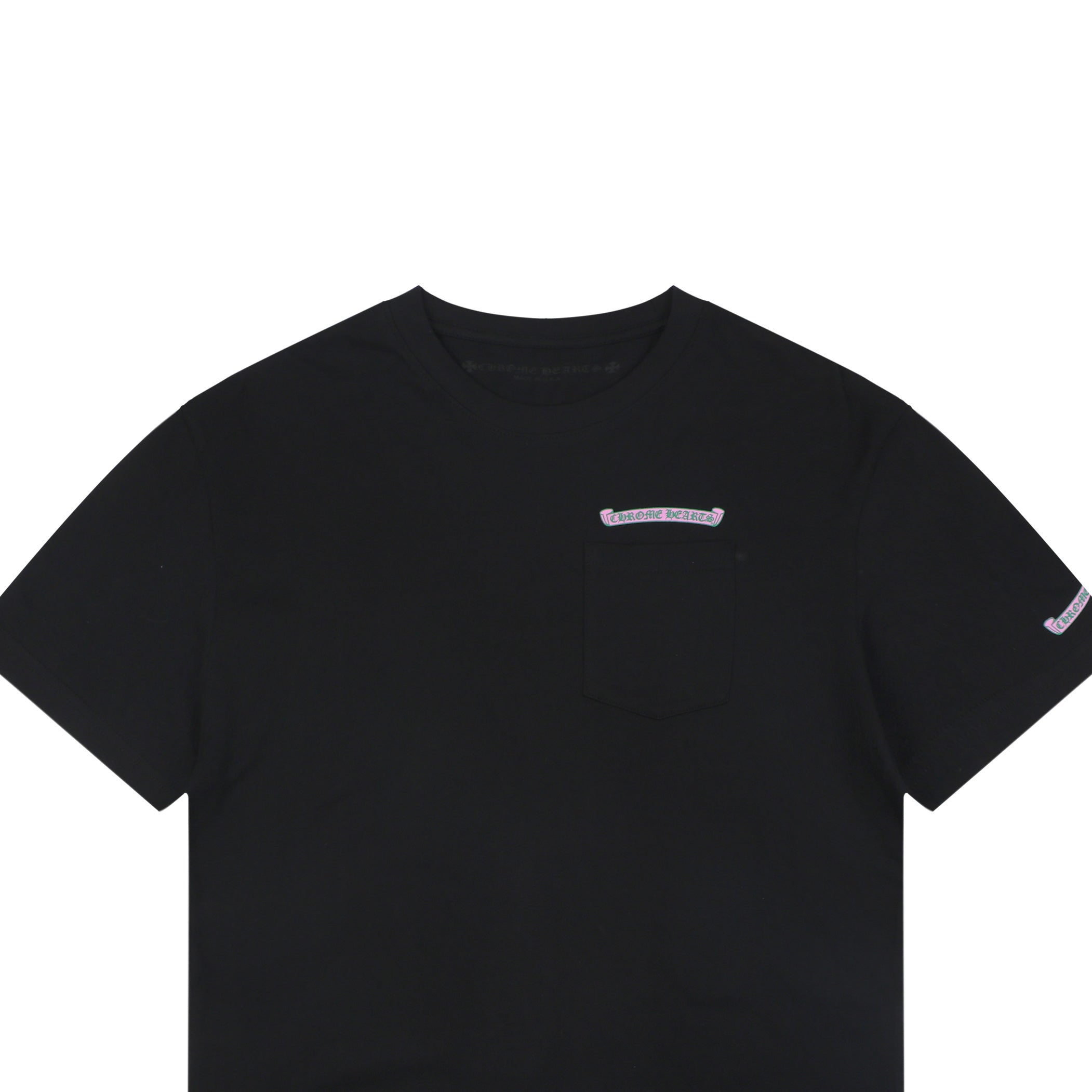 Chrome Hearts Pink Green Sanskrit Scroll Embroidered Short Sleeve Tee — Black