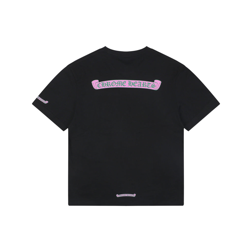 Chrome Hearts Pink Green Sanskrit Scroll Embroidered Short Sleeve Tee — Black
