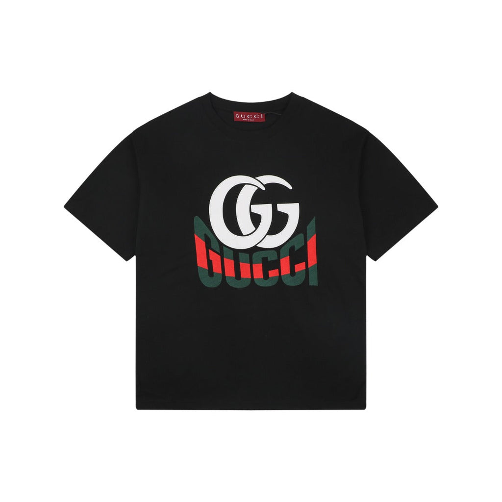 Gucci GG Double G Web Stripe Logo Print Short Sleeve Tee — Black