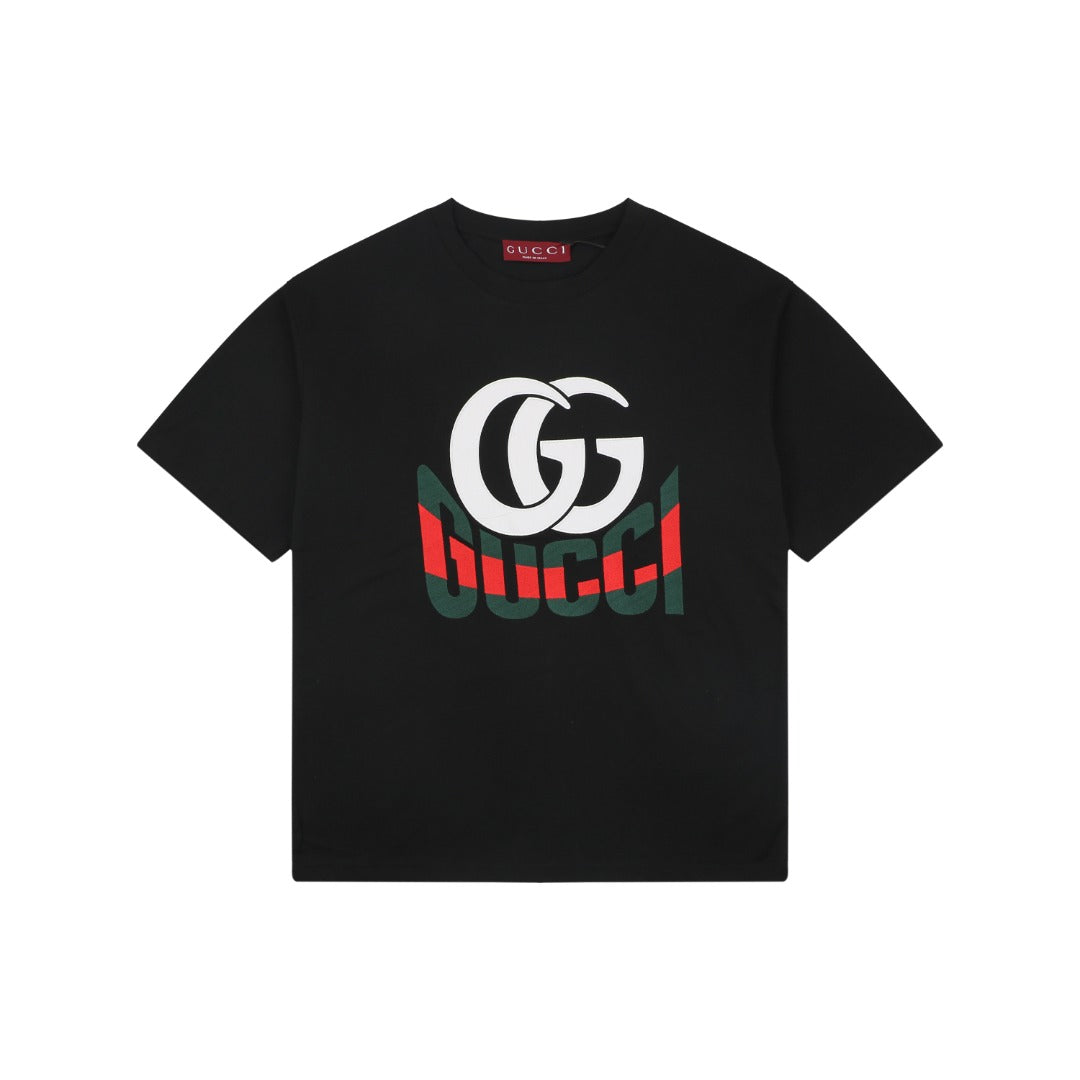 Gucci GG Double G Web Stripe Logo Print Short Sleeve Tee — Black