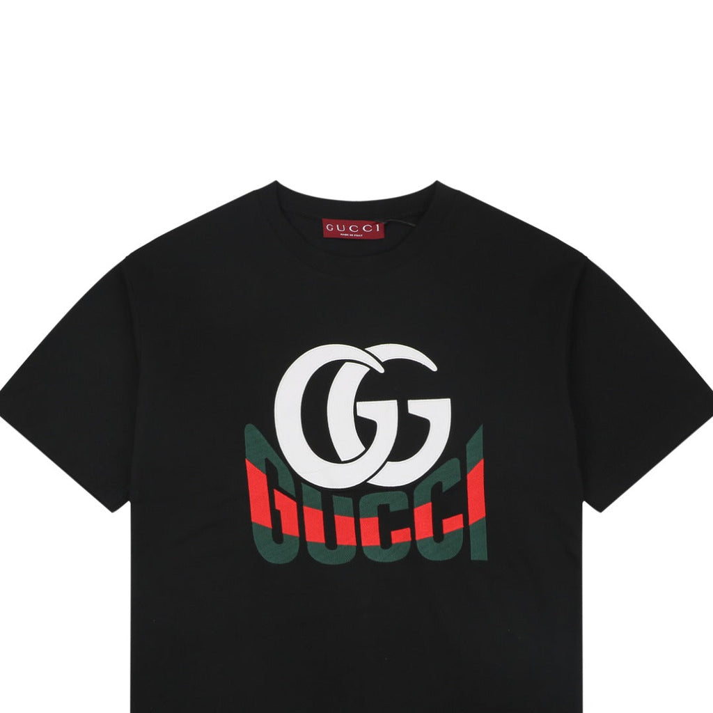 Gucci GG Double G Web Stripe Logo Print Short Sleeve Tee — Black
