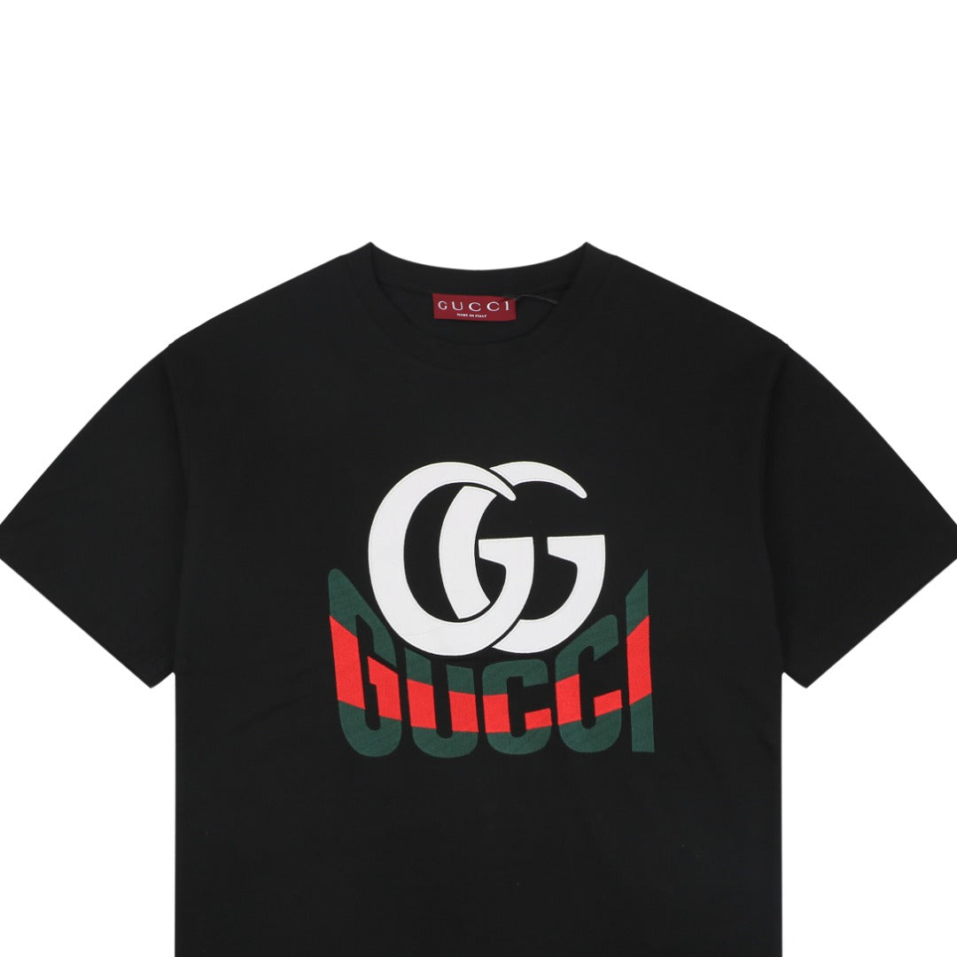 Gucci GG Double G Web Stripe Logo Print Short Sleeve Tee — Black