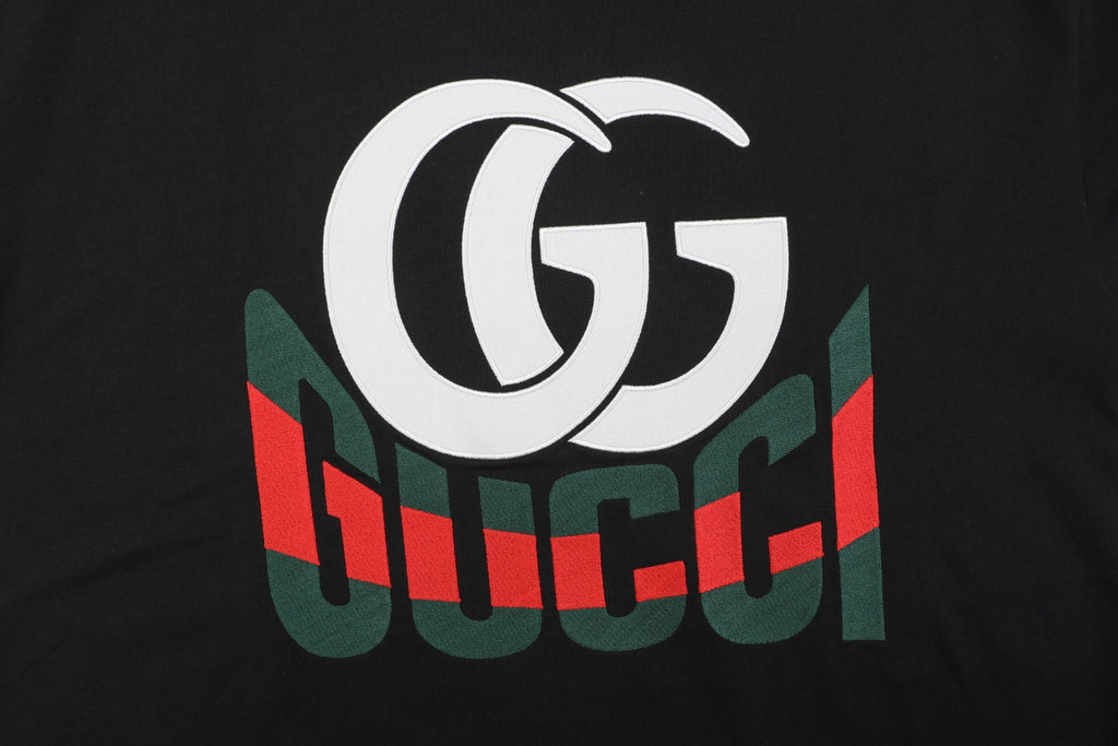 Gucci GG Double G Web Stripe Logo Print Short Sleeve Tee — Black