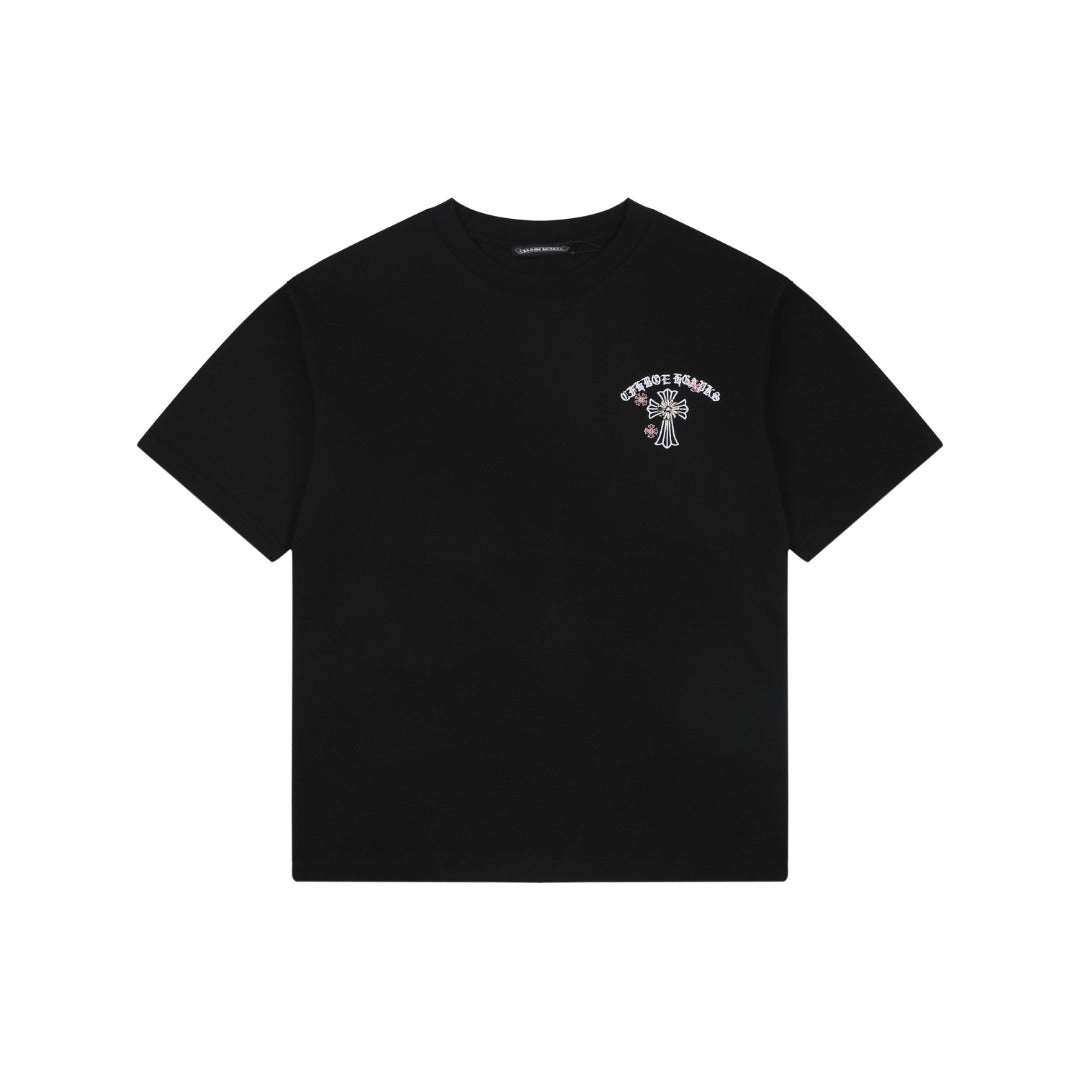 Chrome Hearts Pink Cherry Sanskrit Cross Embroidered Short Sleeve T-Shirt