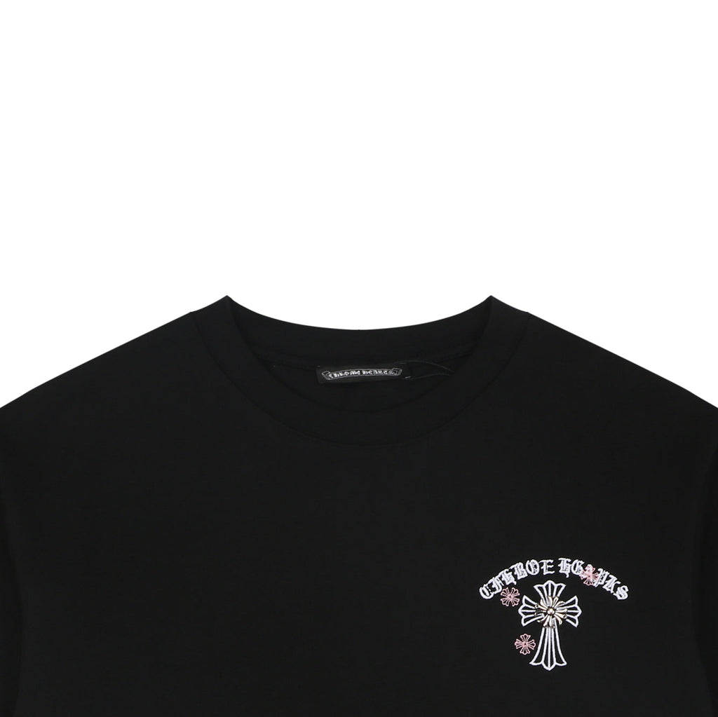 Chrome Hearts Pink Cherry Sanskrit Cross Embroidered Short Sleeve T-Shirt