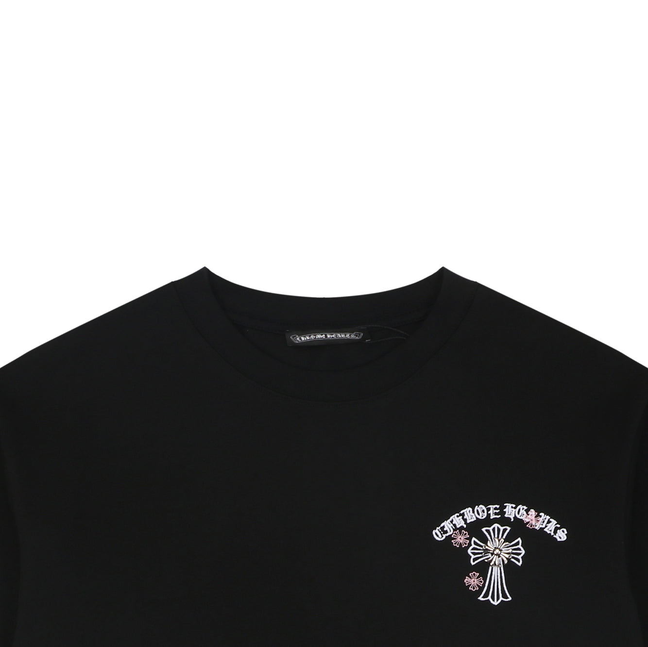 Chrome Hearts Pink Cherry Sanskrit Cross Embroidered Short Sleeve T-Shirt