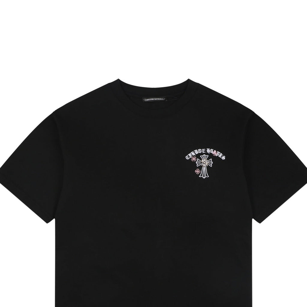 Chrome Hearts Pink Cherry Sanskrit Cross Embroidered Short Sleeve T-Shirt