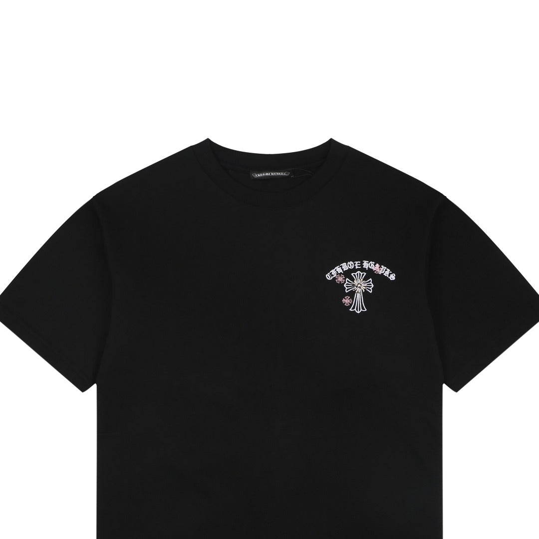 Chrome Hearts Pink Cherry Sanskrit Cross Embroidered Short Sleeve T-Shirt
