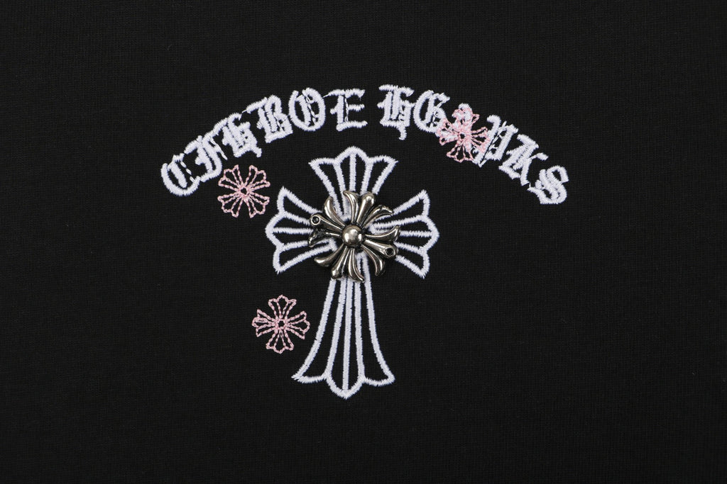 Chrome Hearts Pink Cherry Sanskrit Cross Embroidered Short Sleeve T-Shirt
