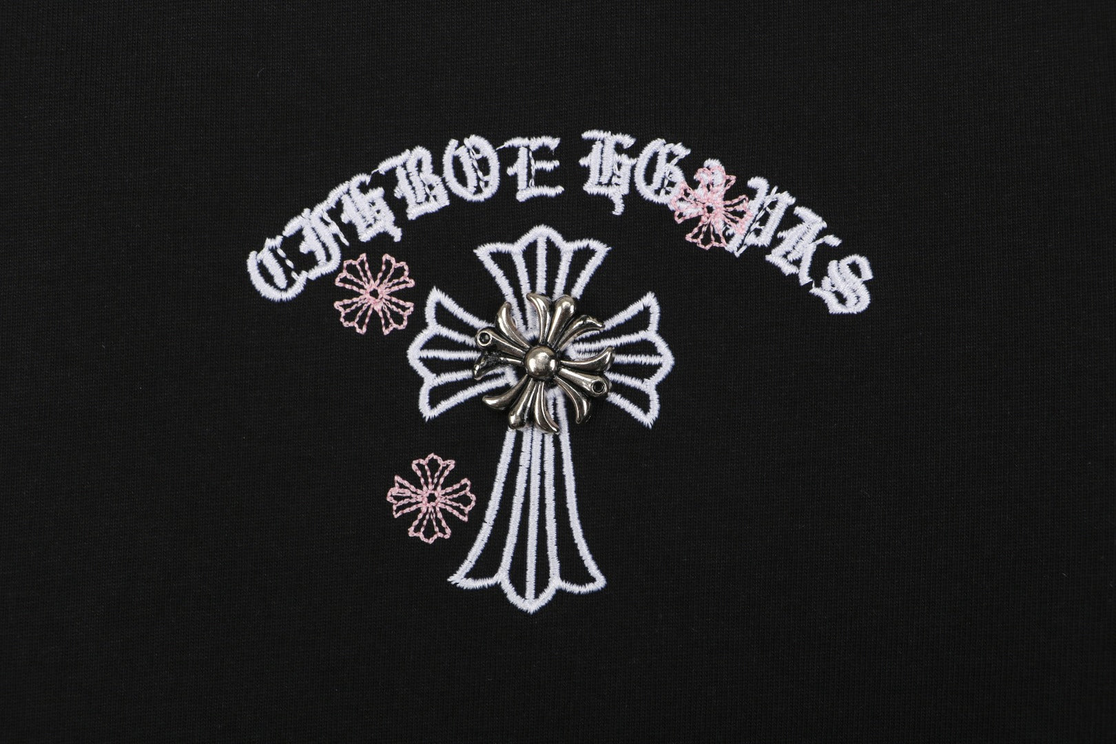 Chrome Hearts Pink Cherry Sanskrit Cross Embroidered Short Sleeve T-Shirt