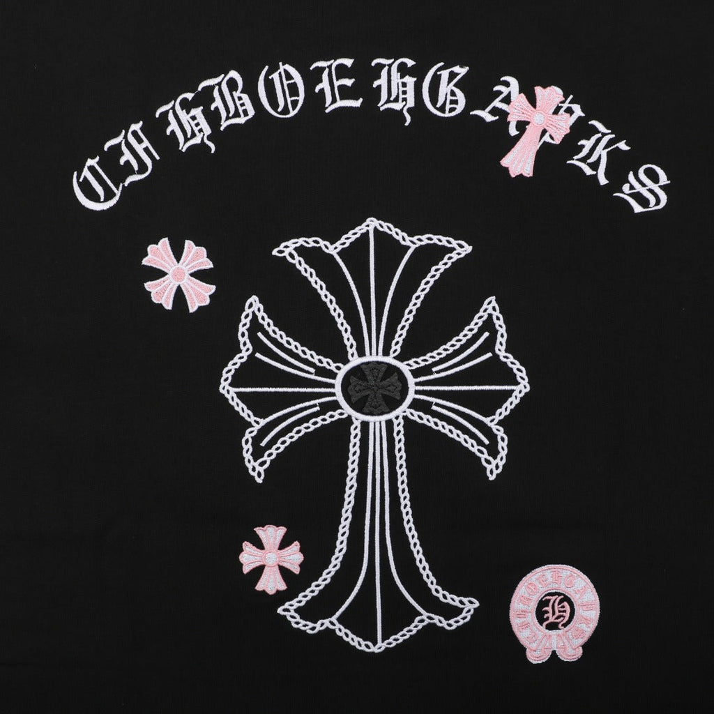 Chrome Hearts Pink Cherry Sanskrit Cross Embroidered Short Sleeve T-Shirt
